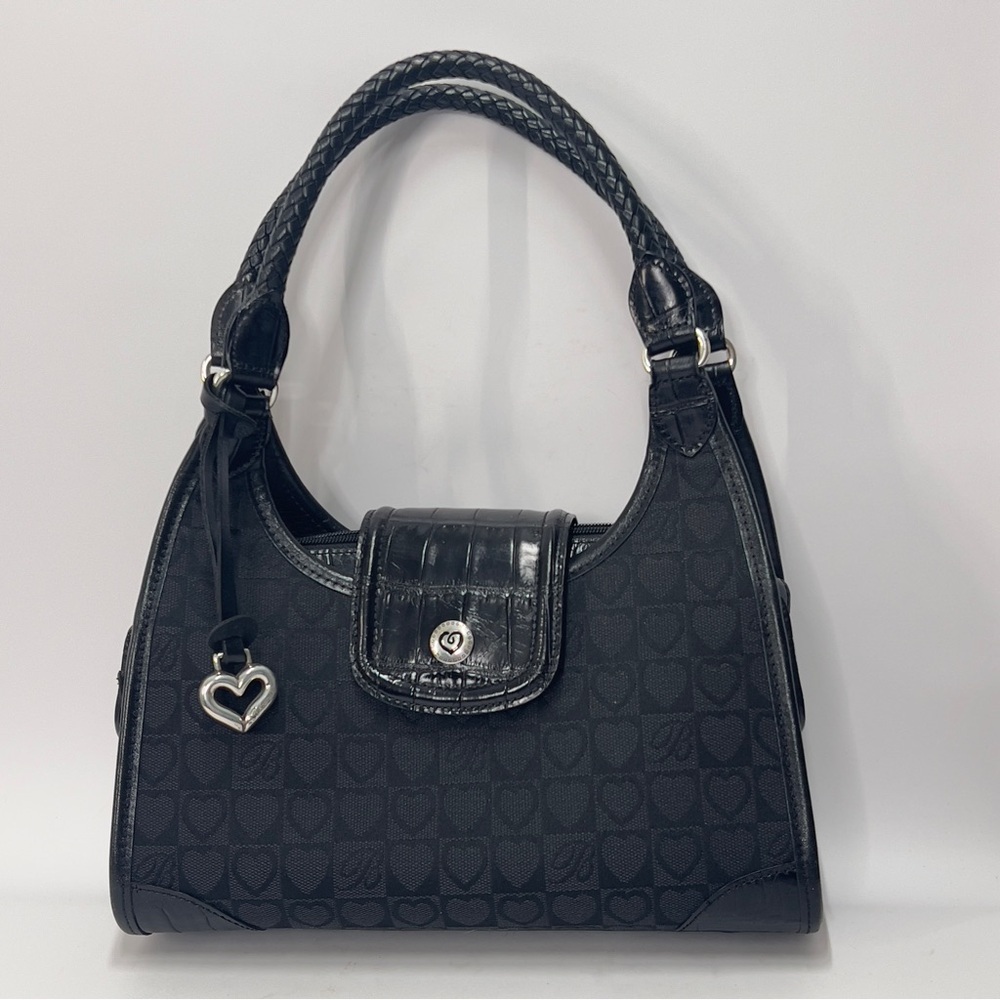 BRIGHTON Black With Hearts and B’s. Braided handles. Snap Flap Closure.